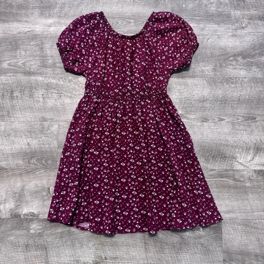 Epic Threads Midi Floral Print Peasant Smocked Dress Burgundy Girls Sz. S